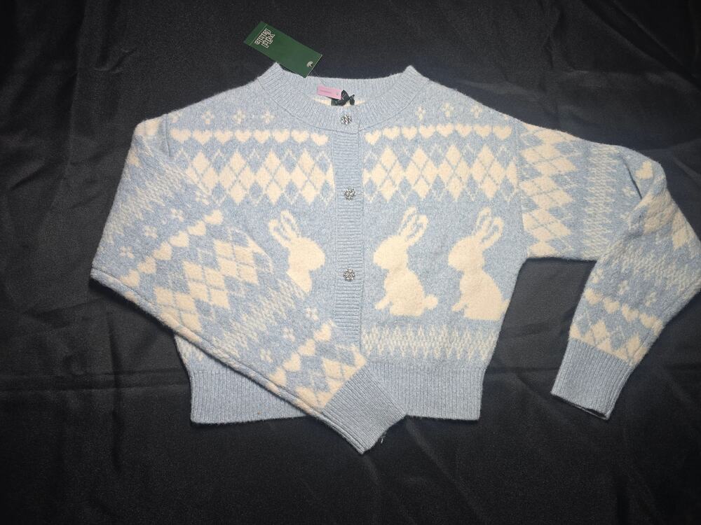 Wild Fable Blue Fair Isle Bunny Cardigan Soft Knit Jewel Button